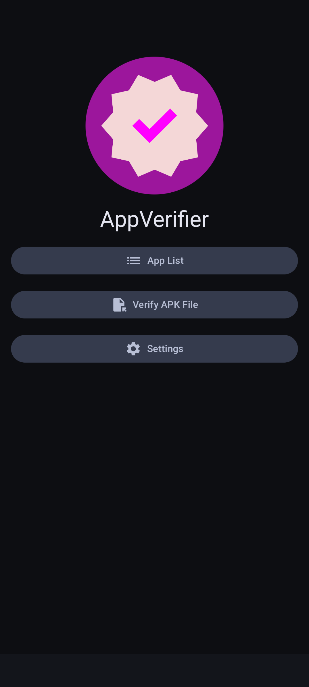 App Verifier — App List / Verify APK File / Settings