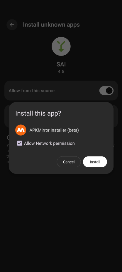 Install this app? — Allow from this source, SAI does the install