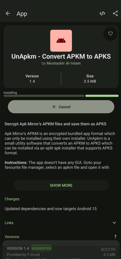 UnApkm — decrypts APKM bundles into APKS so SAI can install them